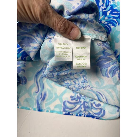 Pineapple Print Tunic Top S Bell Sleeve Blue White Boho‎ Resort Vacation Rayon - Picture 7 of 10